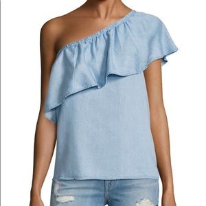 7 For All Mankind One Shoulder Ruffle Chambray Top